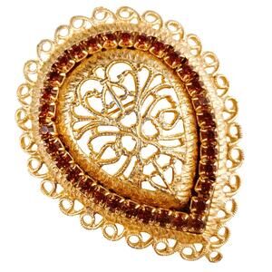 Vintage Mid Century Filigree Teardrop Brooch, 60s Amber Rhinestone Gold Tone Pin